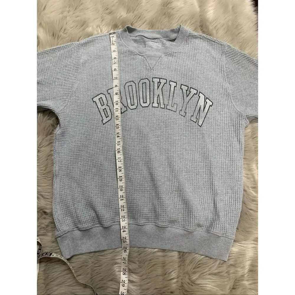 AERIE Brooklyn Graphic Gray Waffle Knit Oversized Crewneck Sweater Small